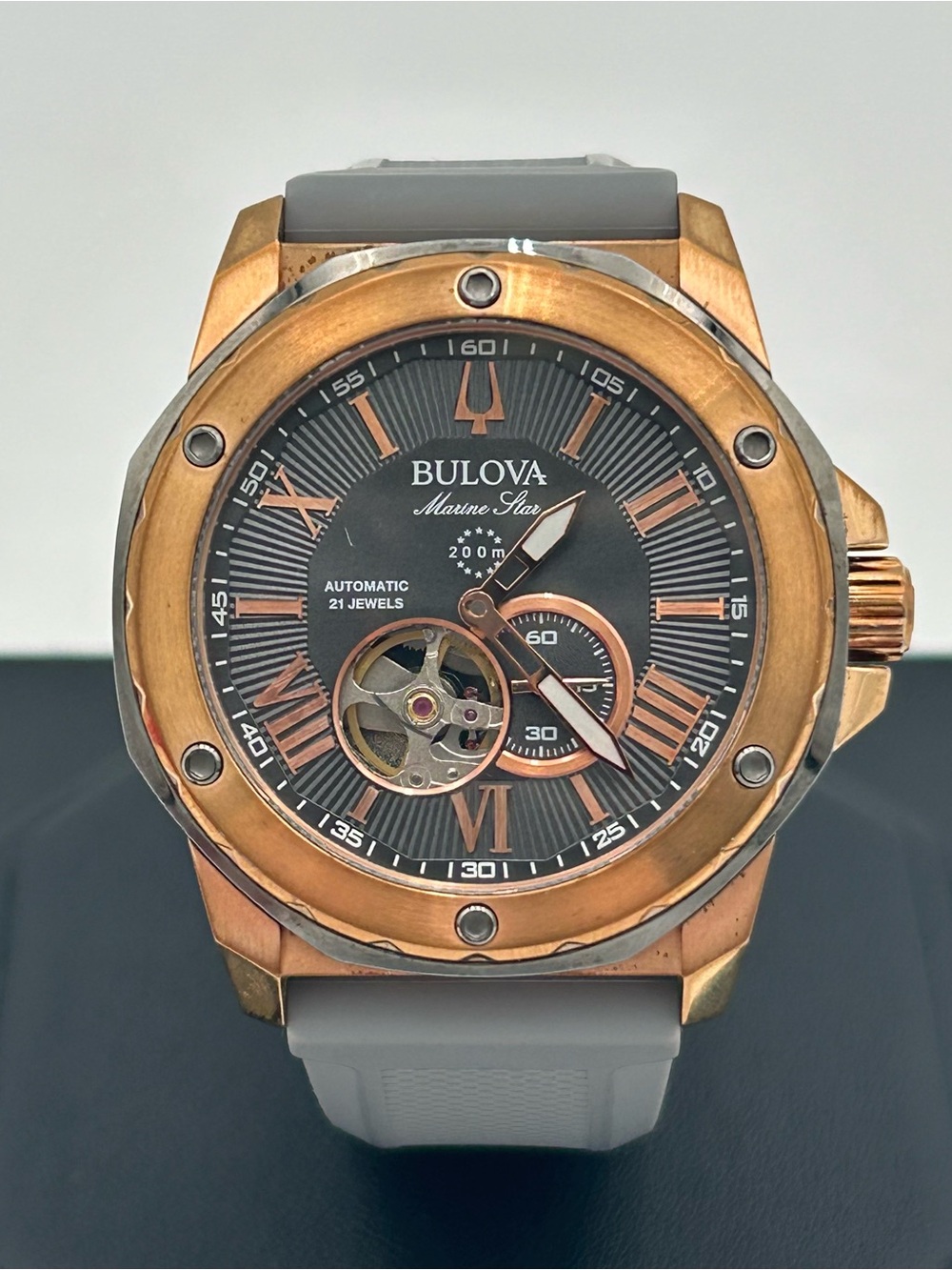 Bulova Marine Star Rose-Gold Tone Automatic Watch with Gray Band (Model 98A228)